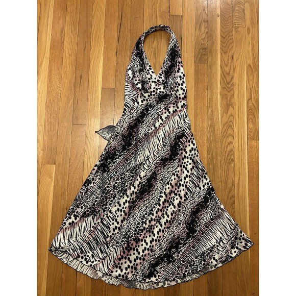 VTG Y2K Betsey Johnson Animal Print Halter Dress Silk Cheetah Leopard Bow 2 - Picture 1 of 9